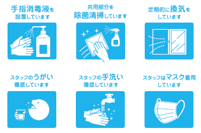 新型コロナウィルス感染症対策実施中。手指消毒液を設置しています・共用部分を除菌清掃しています・定期的に換気をしています・スタッフのうがい徹底しています・スタッフの手洗い徹底しています・スタッフはマスク着用しています